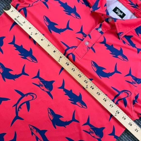 Waggle Golf Polo Shirt Mens Small Red Navy Blue Shark Print Performance Stretch - Picture 8 of 11
